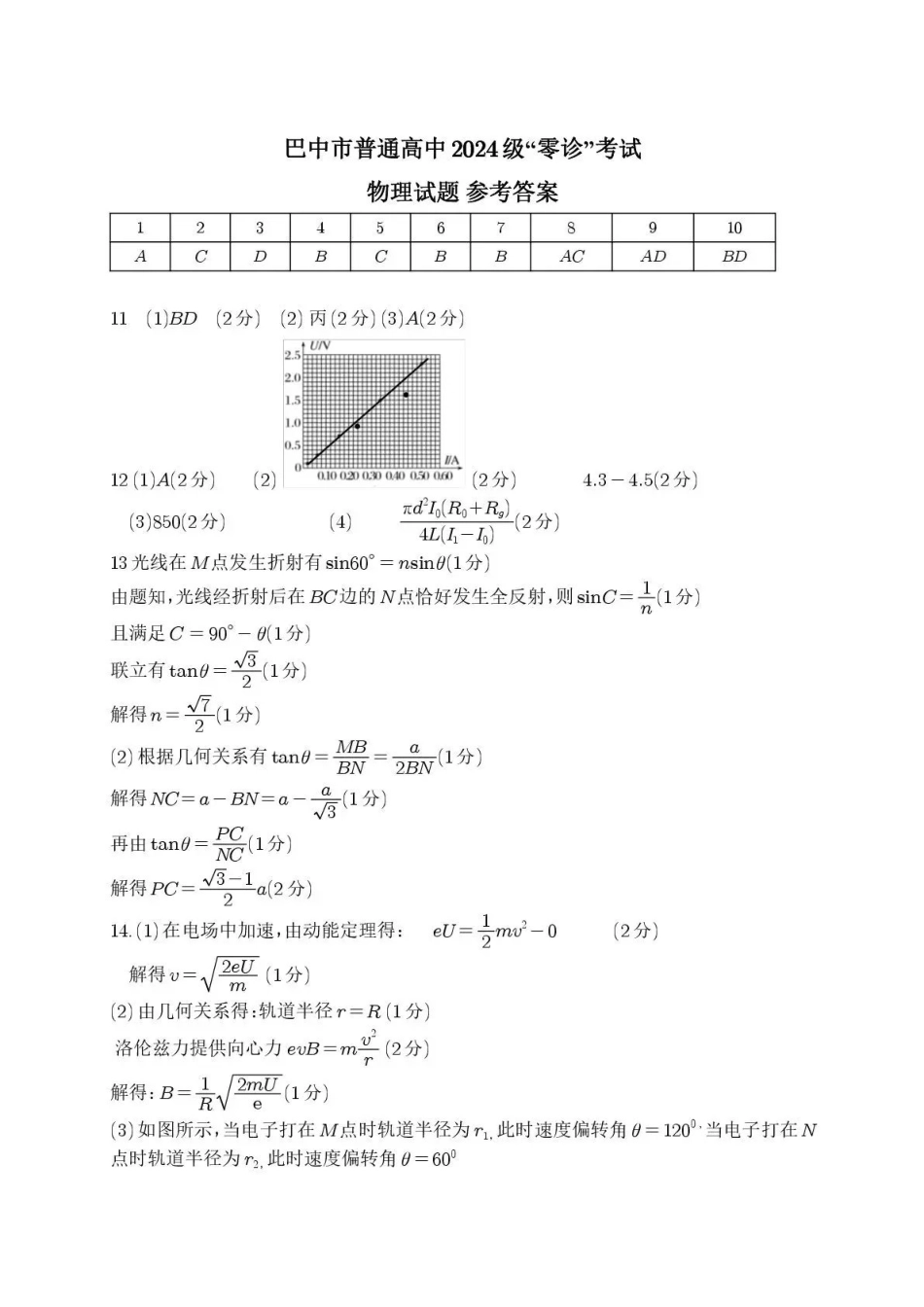 巴中市普通高中2024级“零诊”考试物理答案(1).pdf_第1页