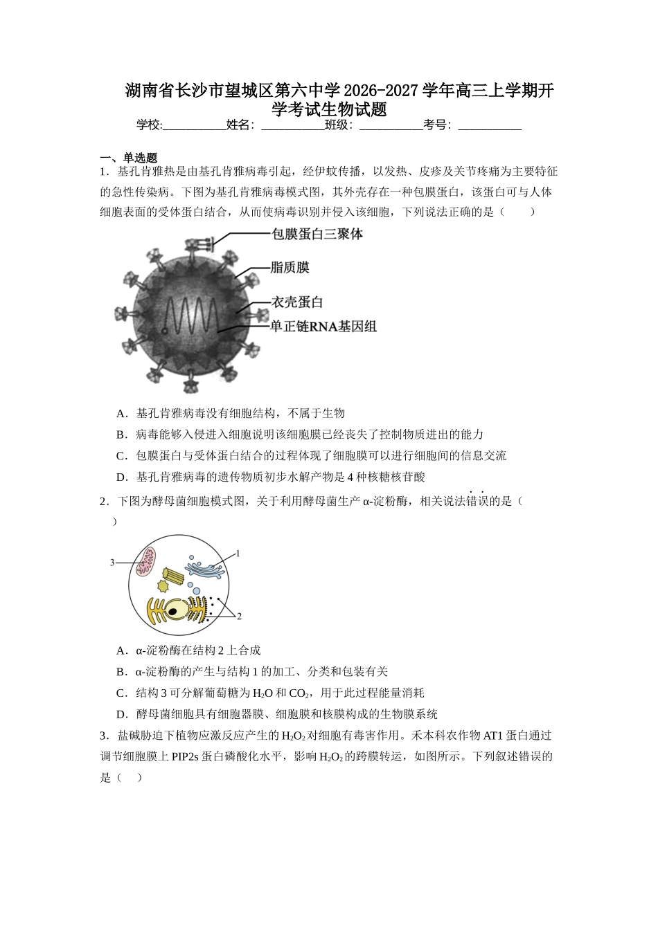 湖南长沙市望城区第六中学2026-2027学年高三上学期开学生物试题(含答案).docx_第1页