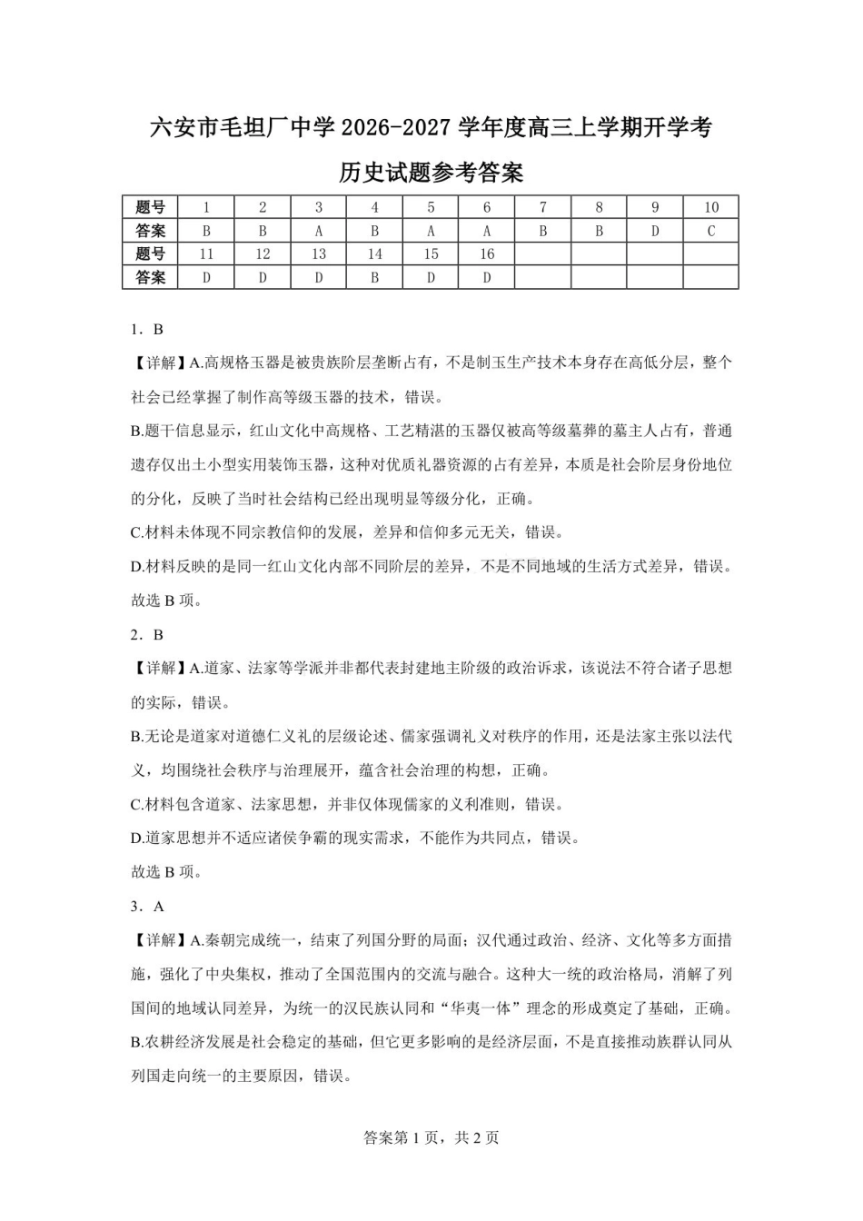 六安市毛坦厂中学2026-2027学年度高三上学期开学考历史试题六安市毛坦厂中学2026-2027学年度高三上学期开学考历史试题参考答案(1).pdf_第1页