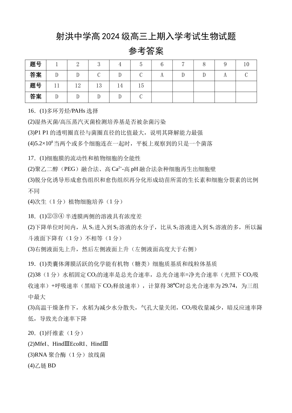 射洪中学高2024级高三上期入学考试生物答案(1).docx_第1页