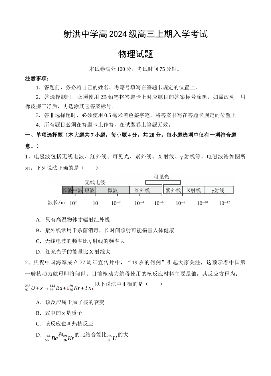 射洪中学高2024级高三上期入学考试物理(1).docx_第1页