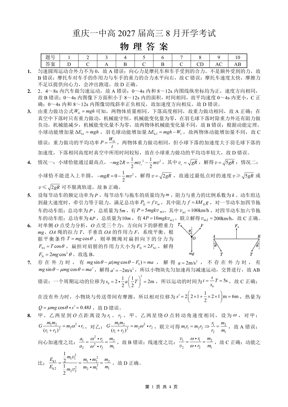 物理【全国百强校】重庆市重庆第一中学校高2027届高三年级8月开学考试(8.29-8.30)(1).pdf_第1页