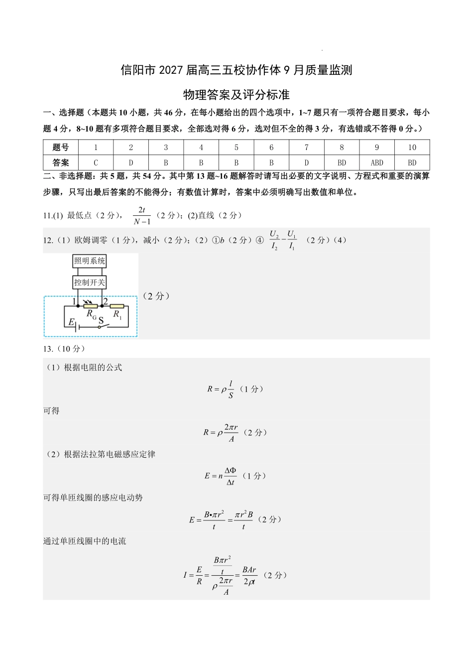 信阳市五校协作体高三2027届9月质量监测物理答案.pdf_第1页