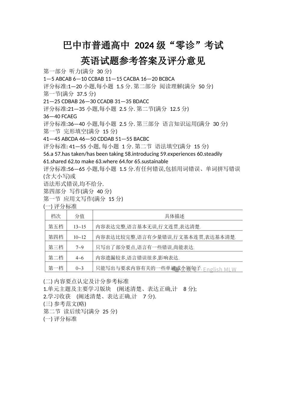 英语四川巴中市普通高中2024级(2027届)高三年级“零诊”考试(巴中零诊)(9.3-9.5)(3).docx_第1页