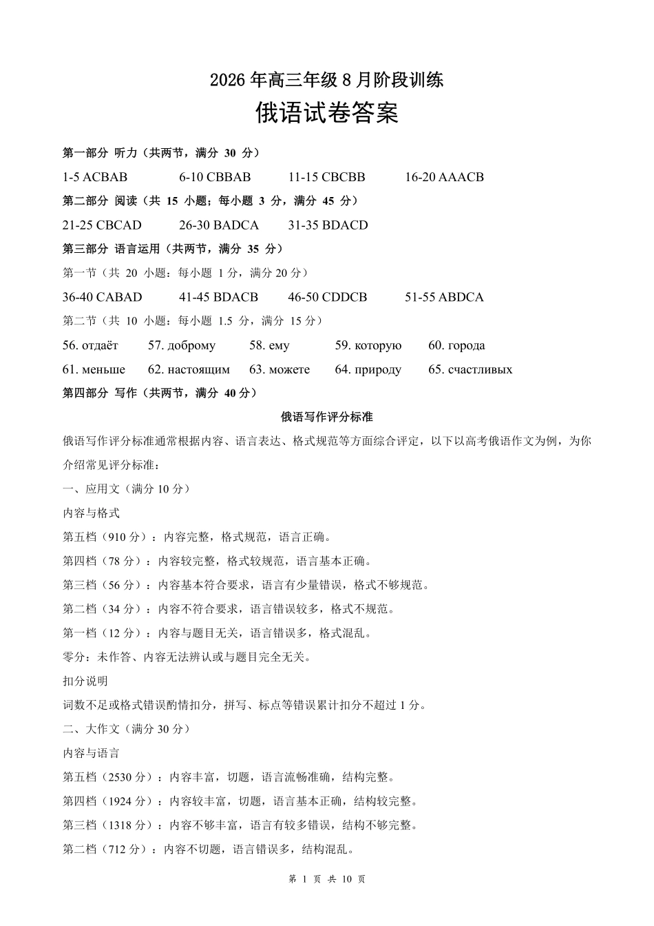 云学联盟2026年高三年级8月阶段训练俄语答案(1).pdf_第1页