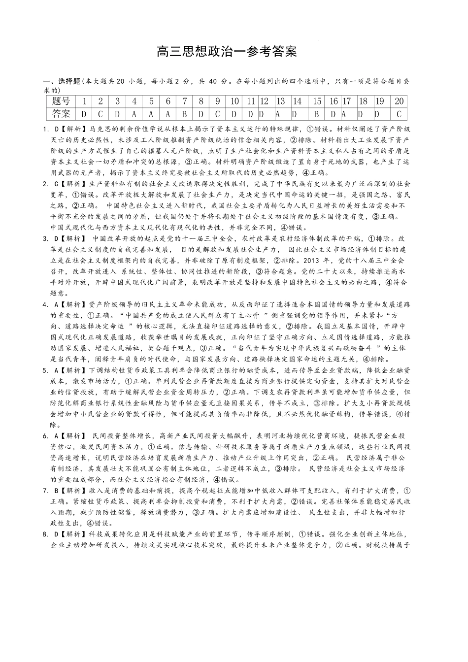 政治(下标27Q1)答案【全国Top50强校】湖南长沙市第一中学校2027届高三年级月考卷(一)(下标27Q1)(8.30-8.31).docx_第1页