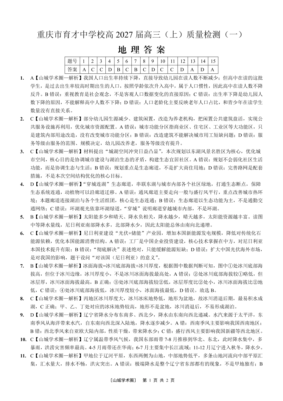 重庆市育才中学校高2027届高三(上)质量检测(一)地理答案.pdf_第1页