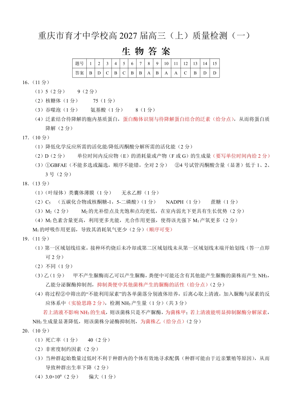 重庆市育才中学校高2027届高三(上)质量检测(一)生物答案.pdf_第1页