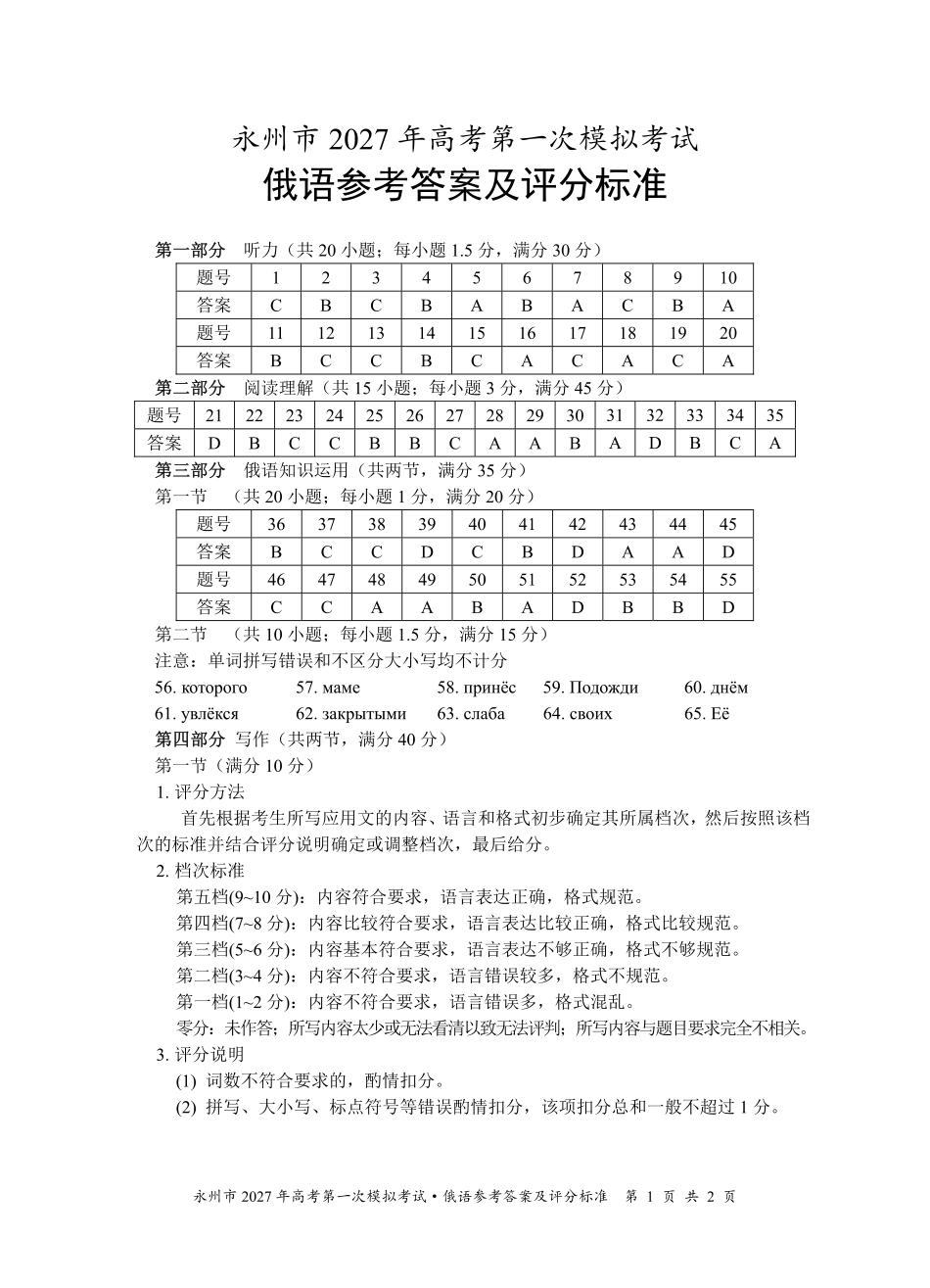俄语湖南永州市2027年高考第一次模拟考试(永州一模)(9.20-9.22).pdf_第1页