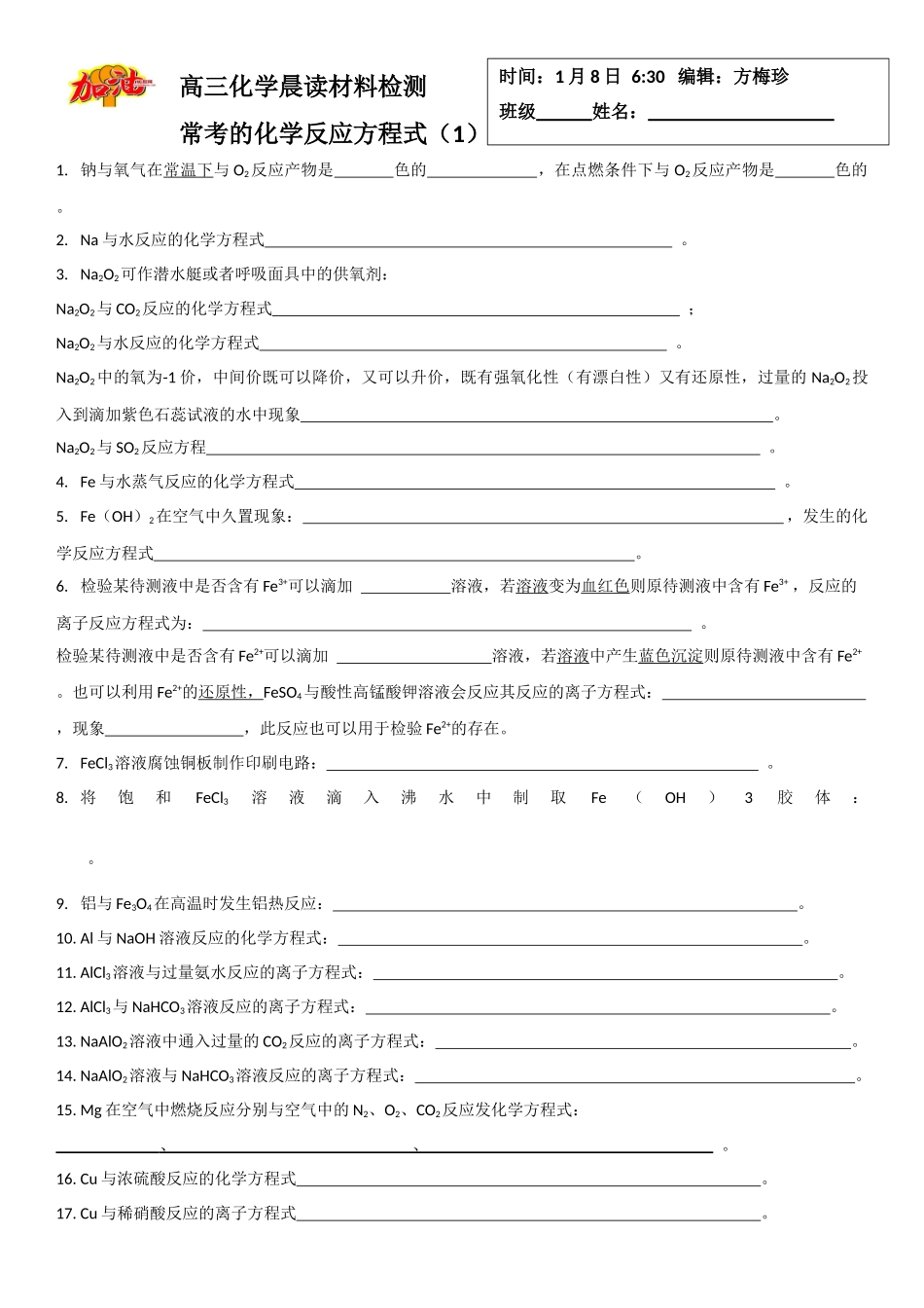 高三化学晨读材料与练习---常考的化学反应方程式1.docx_第1页