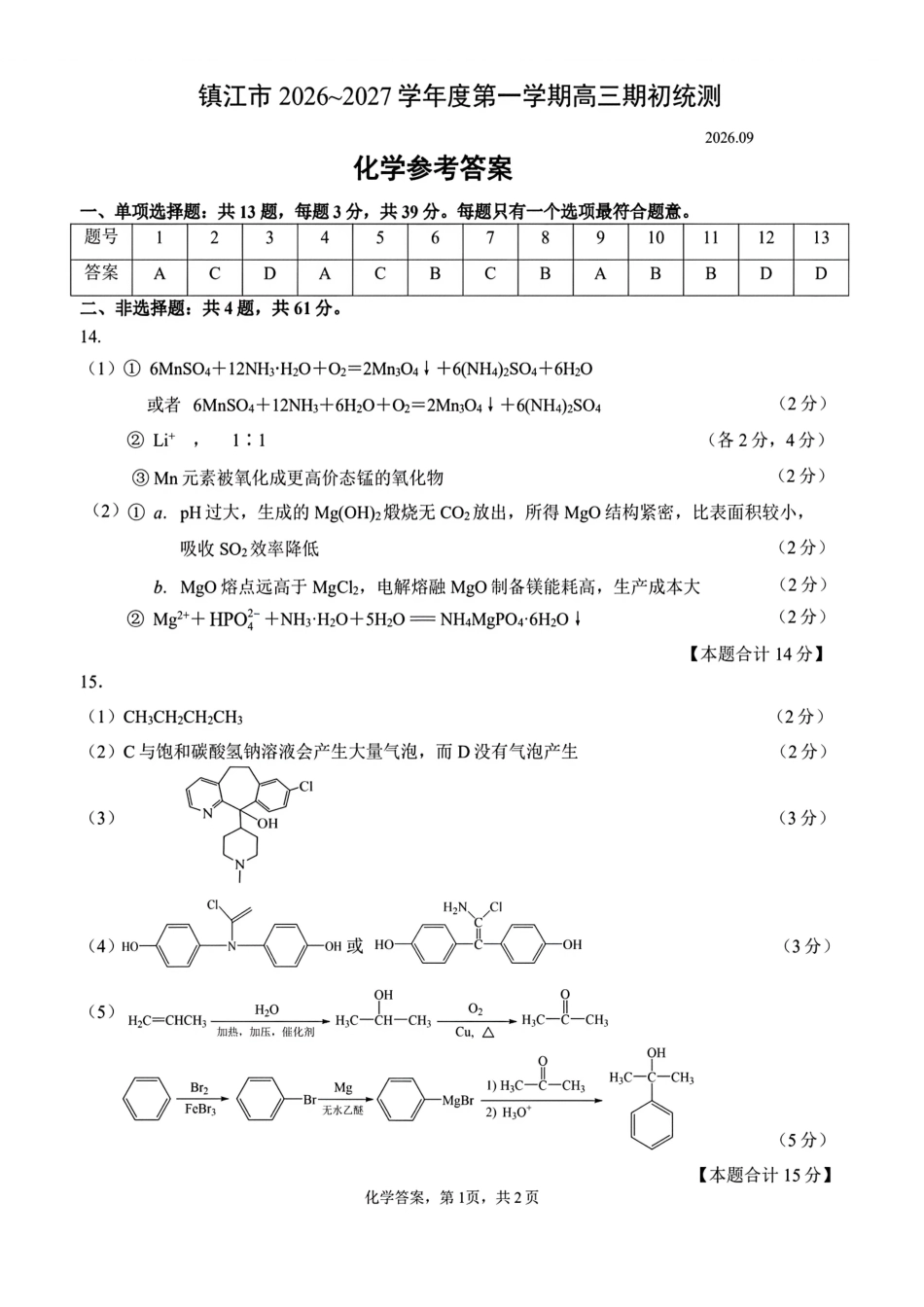 化学江苏镇江市2026-2027学年第一学期高三年级期初监测(9.15-9.16)(1).pdf_第1页