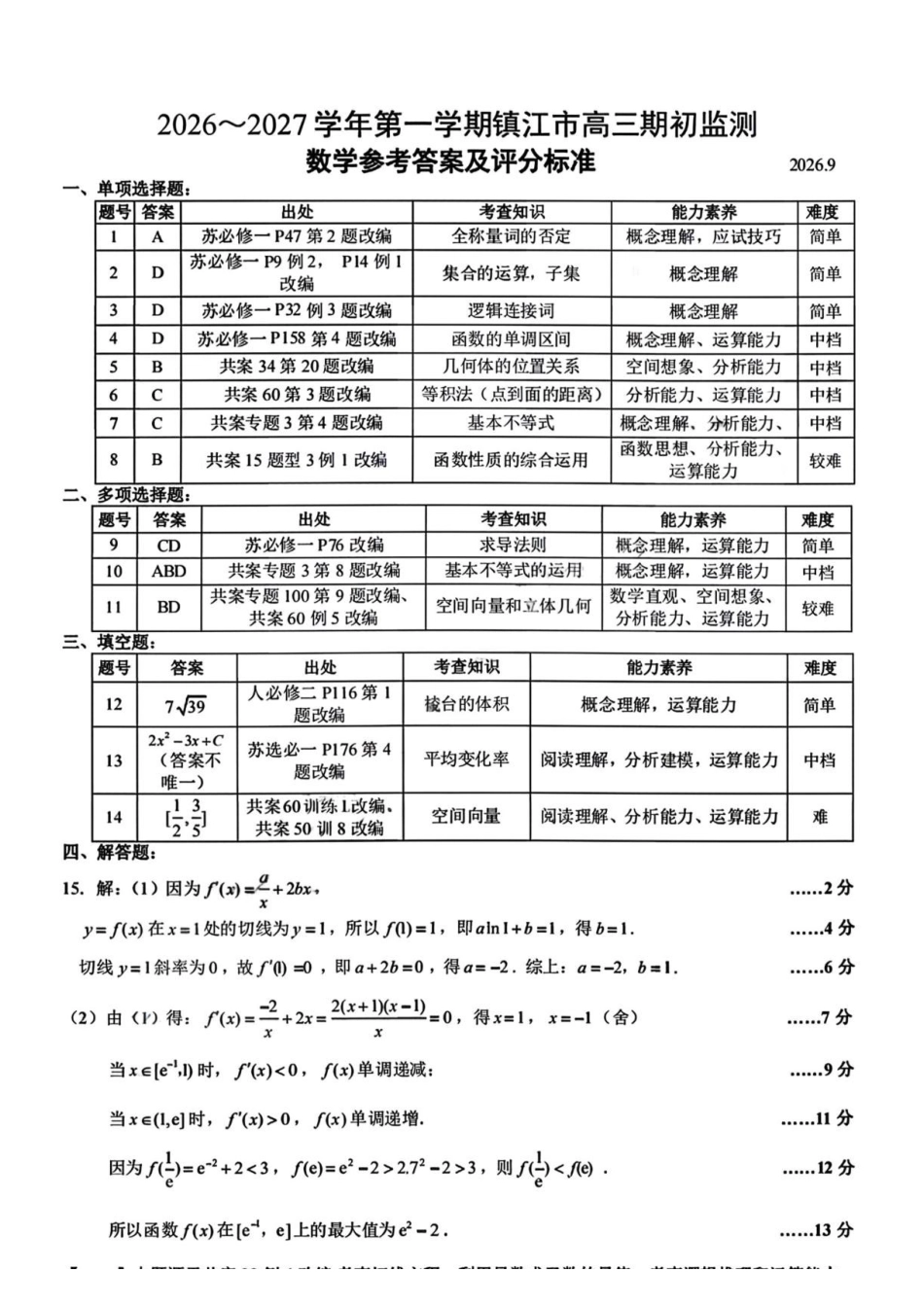 江苏镇江市2027届高三上学期期初监测数学答案.pdf_第2页
