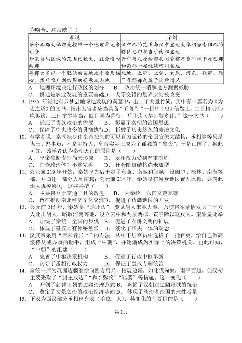 山东潍坊市诸城繁华中学2026-2027学年高二上学期第一次周考历史试题（含答案）.pdf_第2页