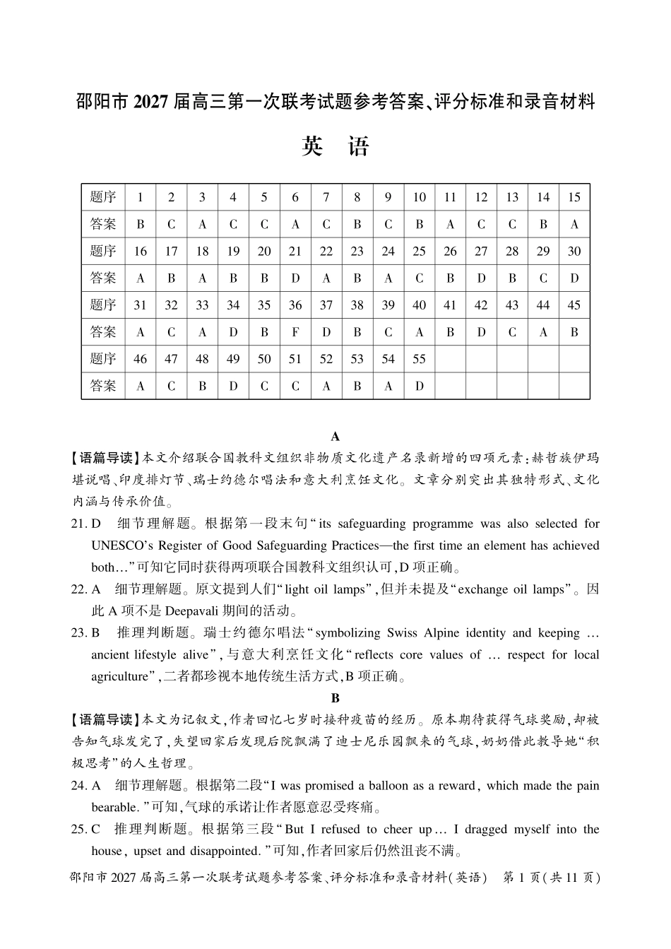 邵阳市2027届高三第一次联考英语答案.pdf_第1页