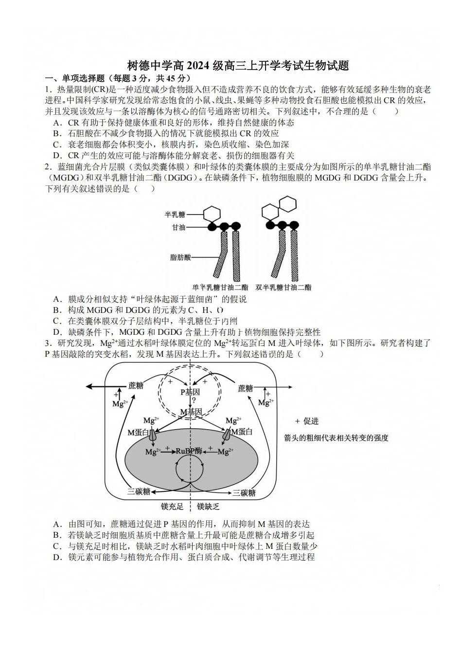 生物+答案四川成都市树德中学(九校)高2024级(2027届)高三年级上开学考试(9.14-9.15).pdf_第1页