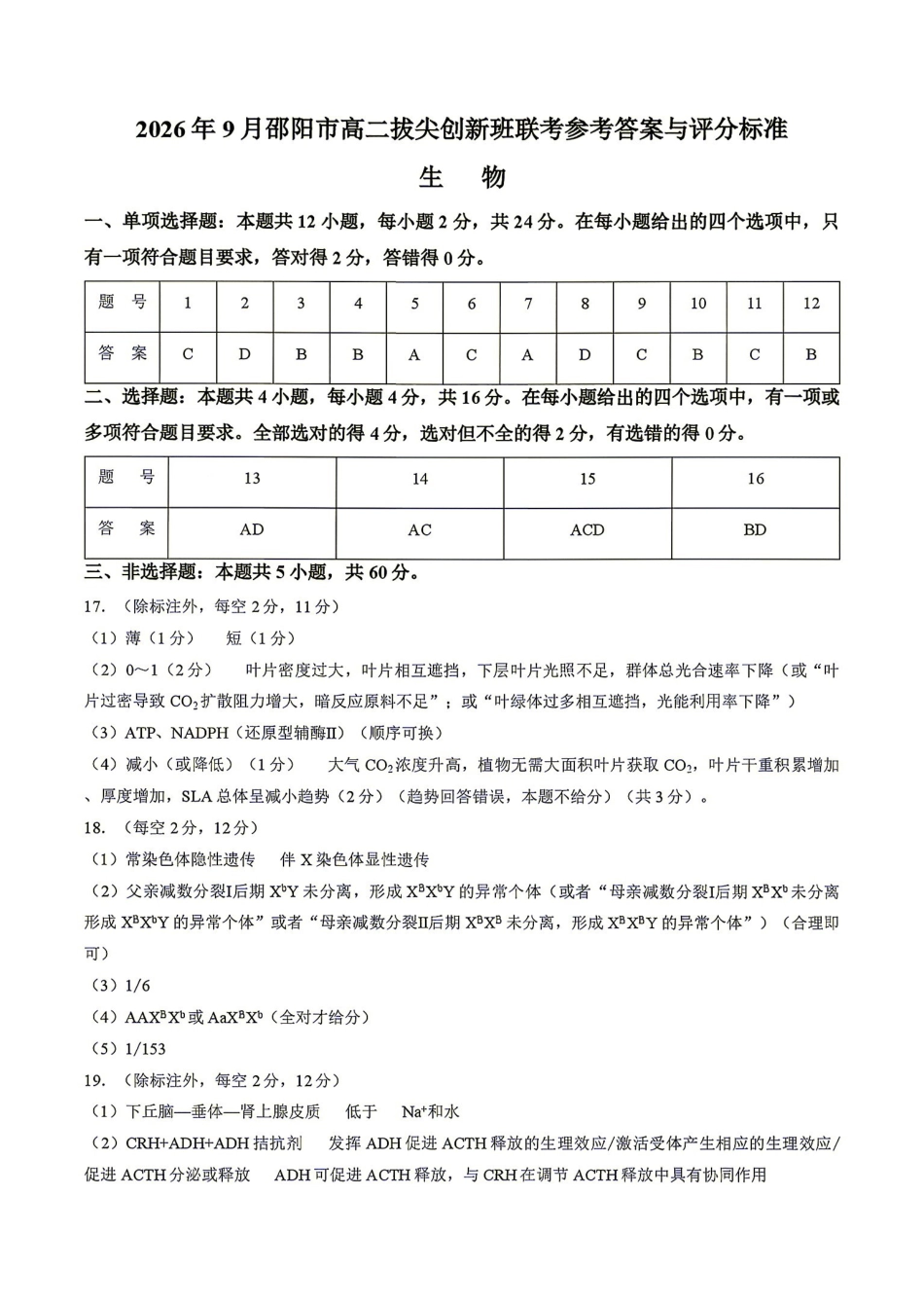 生物湖南邵阳市2026年高二年级9月拔尖创新班联考(9.9-9.10)(2).pdf_第1页