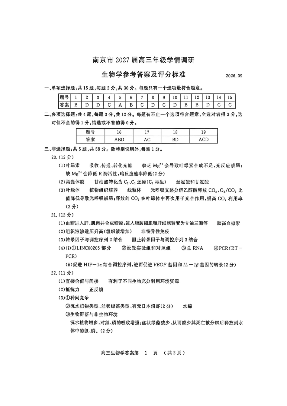 生物江苏南京市2027届高三年级9月学情调研(南京零模)(9.17-9.18)(1).pdf_第1页