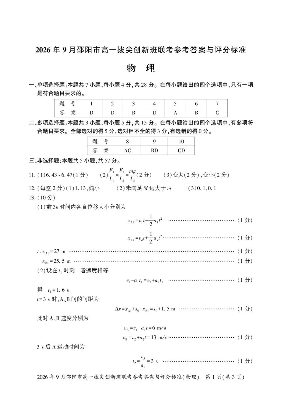 物理_湖南邵阳市2026-2027学年高一上学期拔尖创新班9月联考_答案.pdf_第1页