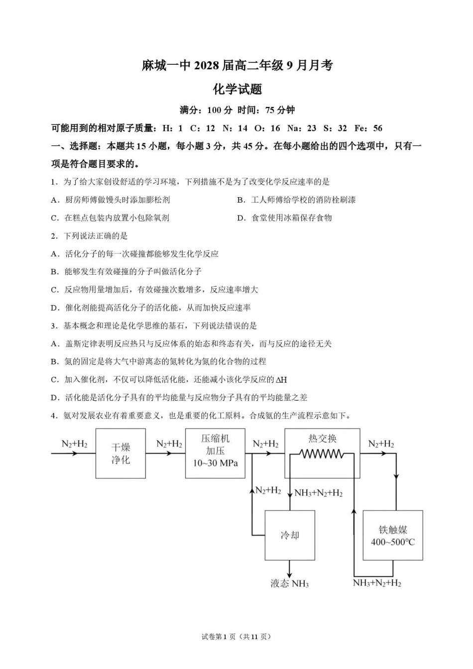 化学_湖北麻城市第一中学2026-2027学年高二上学期9月阶段检测_试卷.pdf_第1页