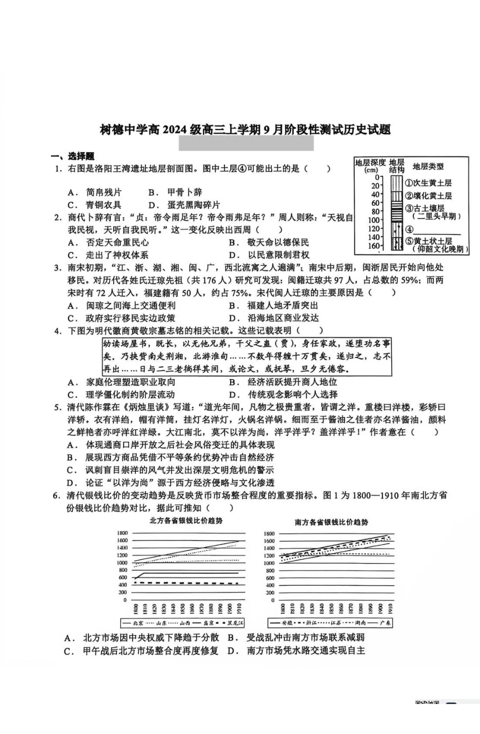 历史+答案四川成都市树德中学(九校)高2024级(2027届)高三年级上学期9月阶段性测试(9.23-9.24).pdf_第1页