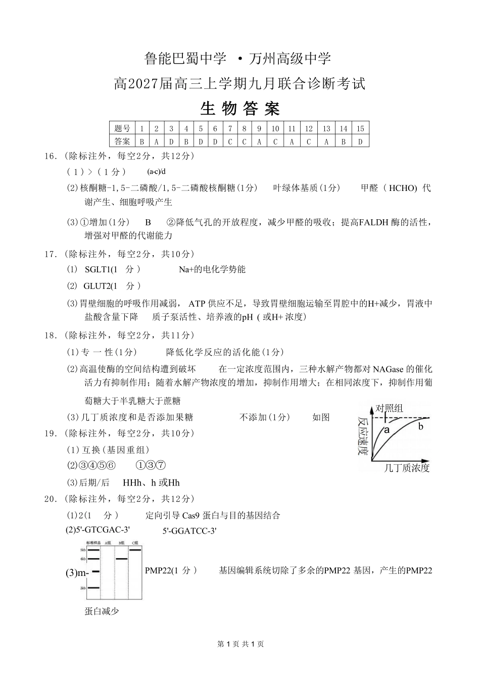 生物重庆市西南师大附中、鲁能巴蜀中学、万州高级中学高2027届高三年级上学期九月联合诊断考试(9.29-9.30)(1).pdf_第1页