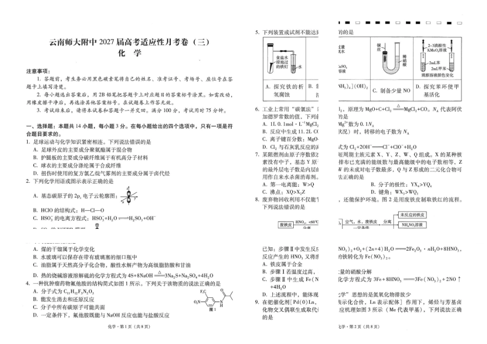 云师大附中2027届高三上学期高考适应性月考卷（三）化学试题.pdf_第1页