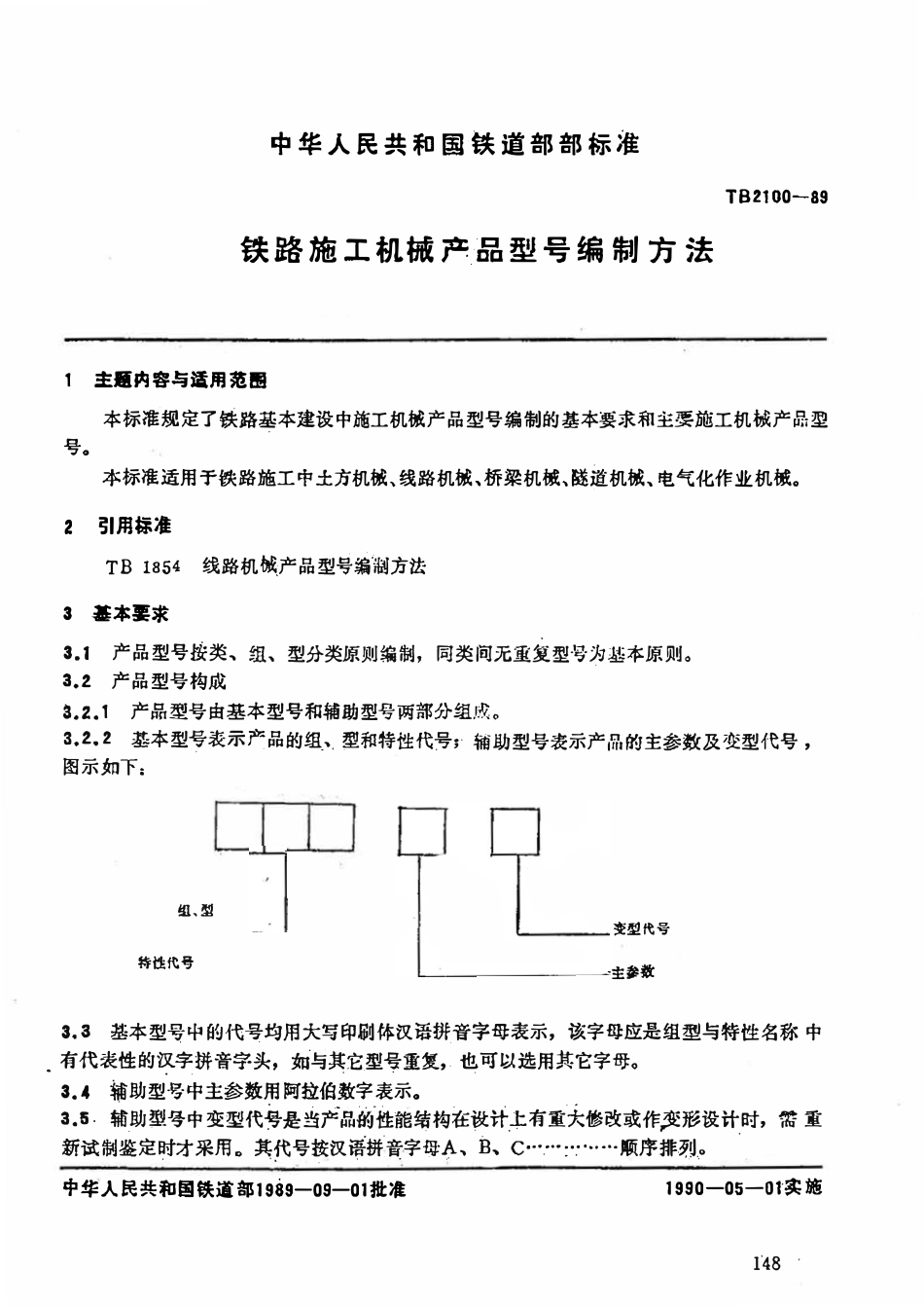 TB 2100-1989 铁路施工机械产品型号编制方法.pdf_第1页