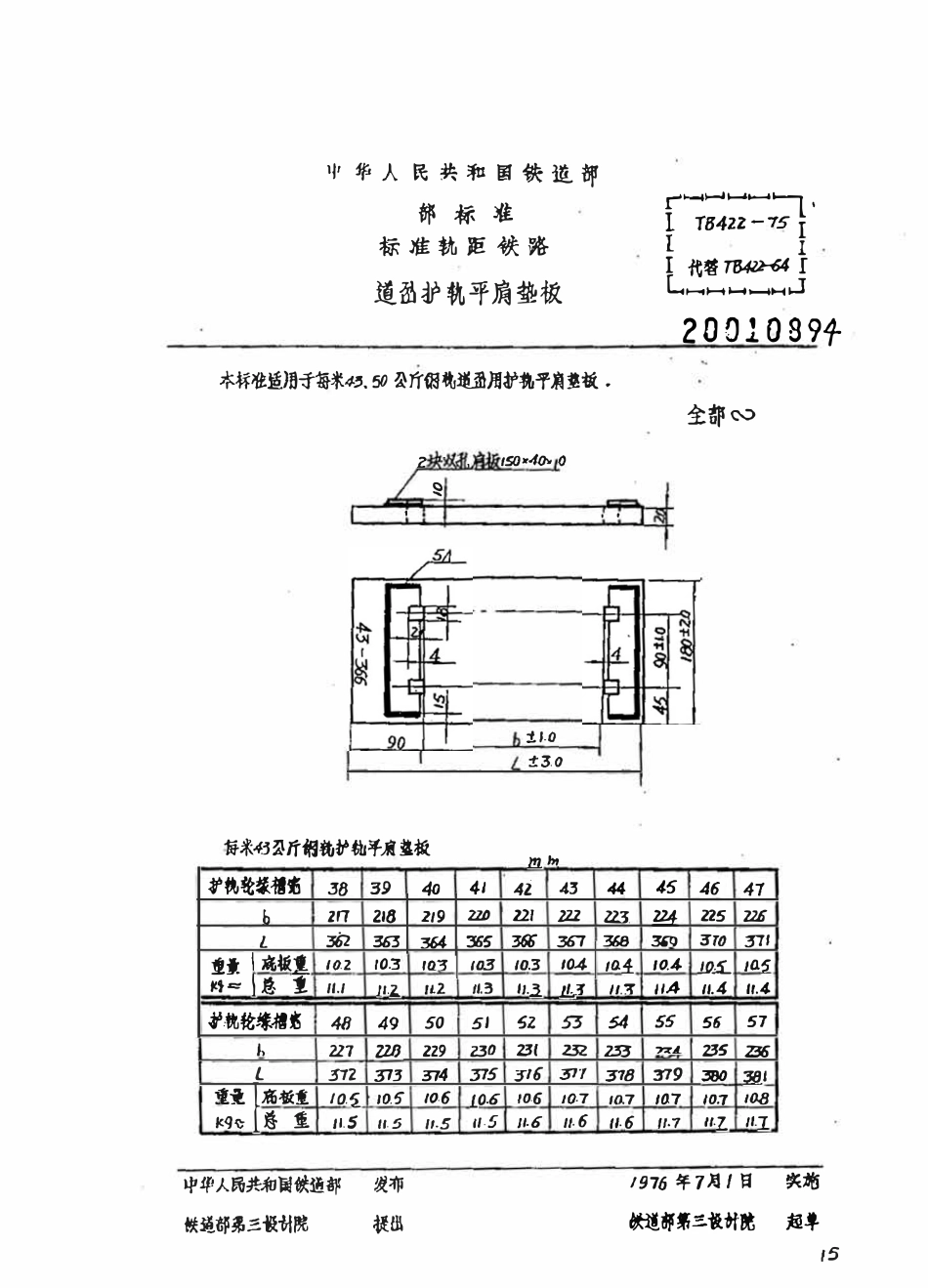 TBT 422-1975 道岔护轨平肩垫板.pdf_第1页