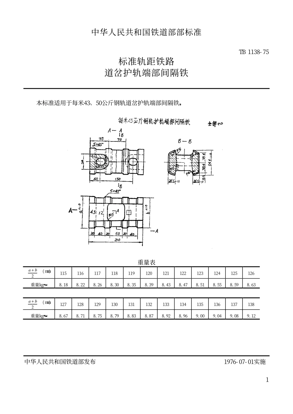 TBT 1138-1975 标准轨距铁路道岔用护轨端部间隔铁.pdf_第1页